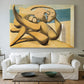 Canvas art print detailing a stylized scene of figures merged through angular shapes, centered above a sofa as a large focal wall piece