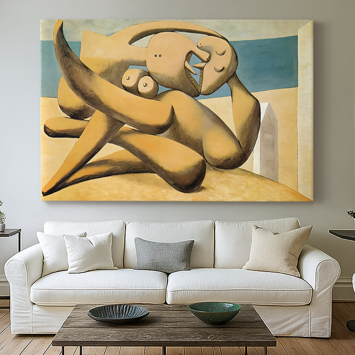 Canvas art print detailing a stylized scene of figures merged through angular shapes, centered above a sofa as a large focal wall piece