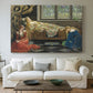 Canvas art print detailing a stylized depiction of resting figure, centered above a sofa as a large focal wall piece