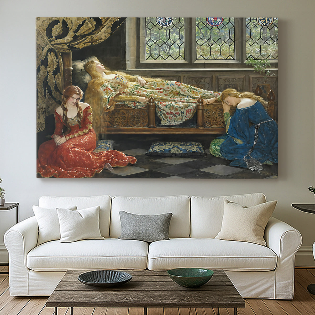 Canvas art print detailing a stylized depiction of resting figure, centered above a sofa as a large focal wall piece