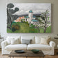 Canvas art print detailing a colorful scene of a villa among trees and vegetation, centered above a sofa as a large focal wall piece