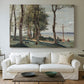 Canvas art print detailing a tranquil setting with cross and surrounding vegetation, centered above a sofa as a large focal wall piece