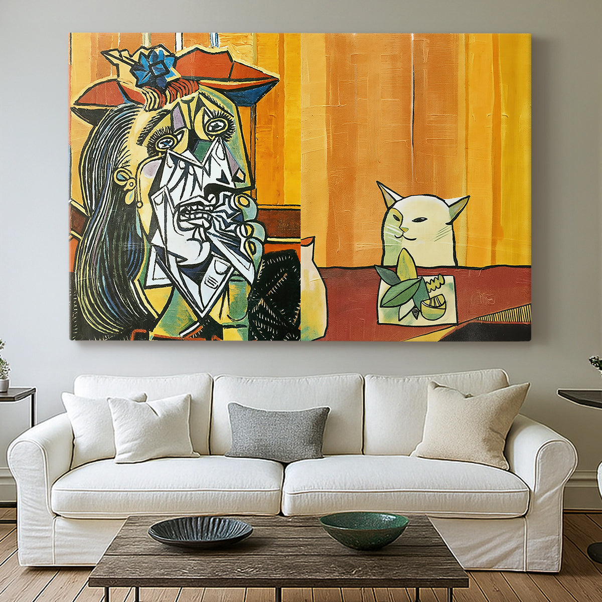 Canvas art print detailing a contemporary expressive scene, centered above a sofa as a large focal wall piece