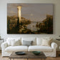 Canvas art print detailing a final stage of civilization reduced to ruins and nature, centered above a sofa as a large focal wall piece