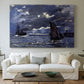 Canvas art print detailing an atmospheric maritime view with ships in moonlit darkness, centered above a sofa as a large focal wall piece