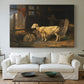 Canvas art print detailing a pastoral depiction of livestock inside barn, centered above a sofa as a large focal wall piece