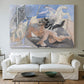 Canvas art print detailing a stylized mythological subject, centered above a sofa as a large focal wall piece