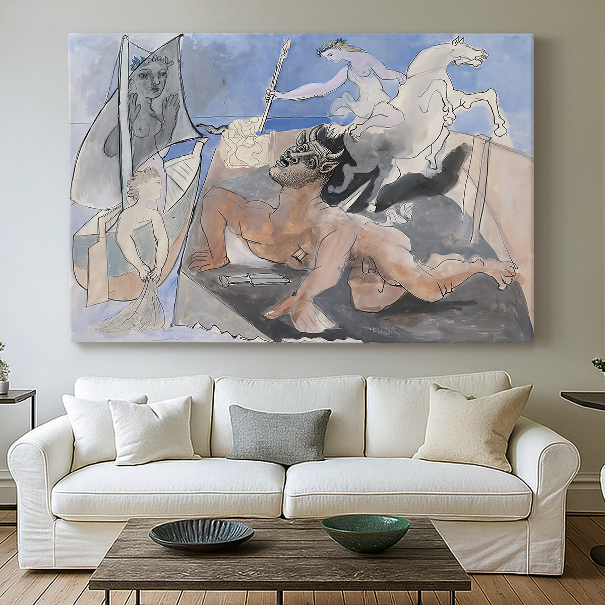 Canvas art print detailing a stylized mythological subject, centered above a sofa as a large focal wall piece