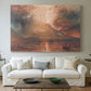 Canvas art print detailing a landscape showing volcanic activity, centered above a sofa as a large focal wall piece