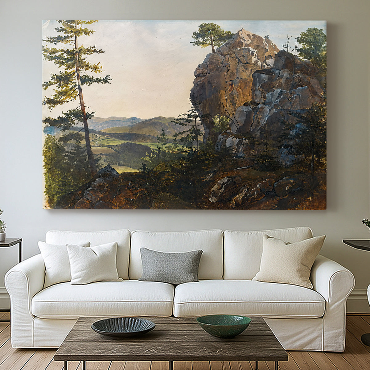 Canvas art print detailing a realistic countryside with geology, centered above a sofa as a large focal wall piece