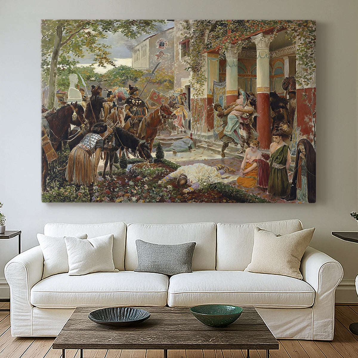 Canvas art print detailing a dynamic composition of warriors attacking in crowded setting, centered above a sofa as a large focal wall piece