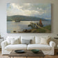Canvas art print detailing a seaside setting with jetty and quiet water, centered above a sofa as a large focal wall piece