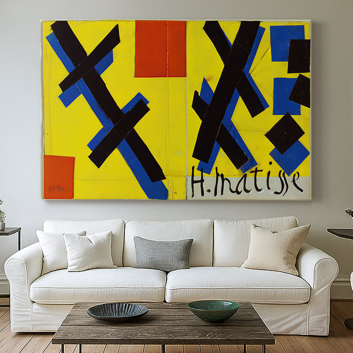Canvas art print detailing a graphic artwork featuring abstract forms and design elements, centered above a sofa as a large focal wall piece