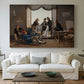 Canvas art print detailing multiple figures arranged in room with classical decor, centered above a sofa as a large focal wall piece