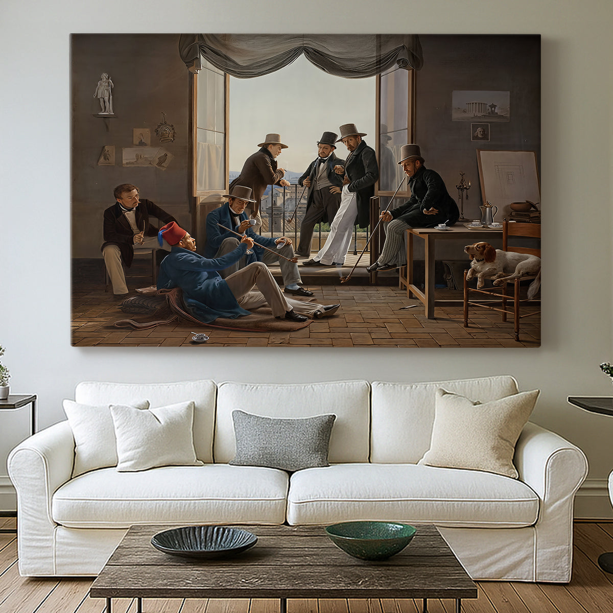 Canvas art print detailing multiple figures arranged in room with classical decor, centered above a sofa as a large focal wall piece
