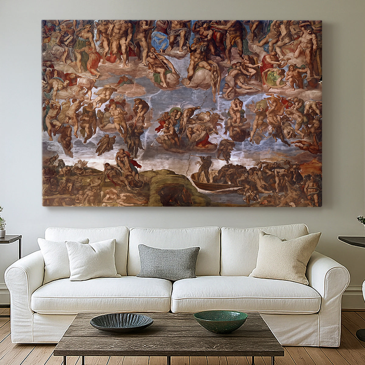 Canvas art print detailing a fresco scene showing turmoil, centered above a sofa as a large focal wall piece