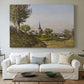 Canvas art print detailing a pastoral view with church structure in natural setting, centered above a sofa as a large focal wall piece