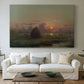 Canvas art print detailing a luminist composition emphasizing sky, centered above a sofa as a large focal wall piece