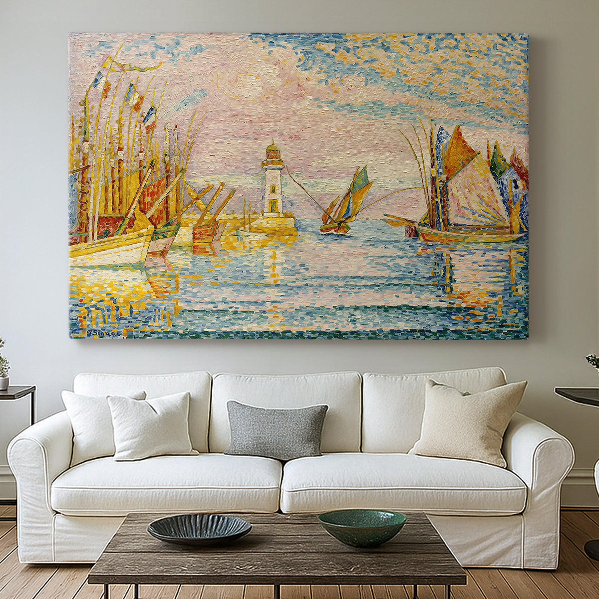 Canvas art print detailing a maritime structure and ships, centered above a sofa as a large focal wall piece