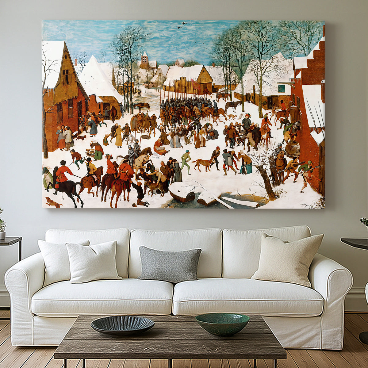Canvas art print detailing a historical tragedy scene in a village, centered above a sofa as a large focal wall piece