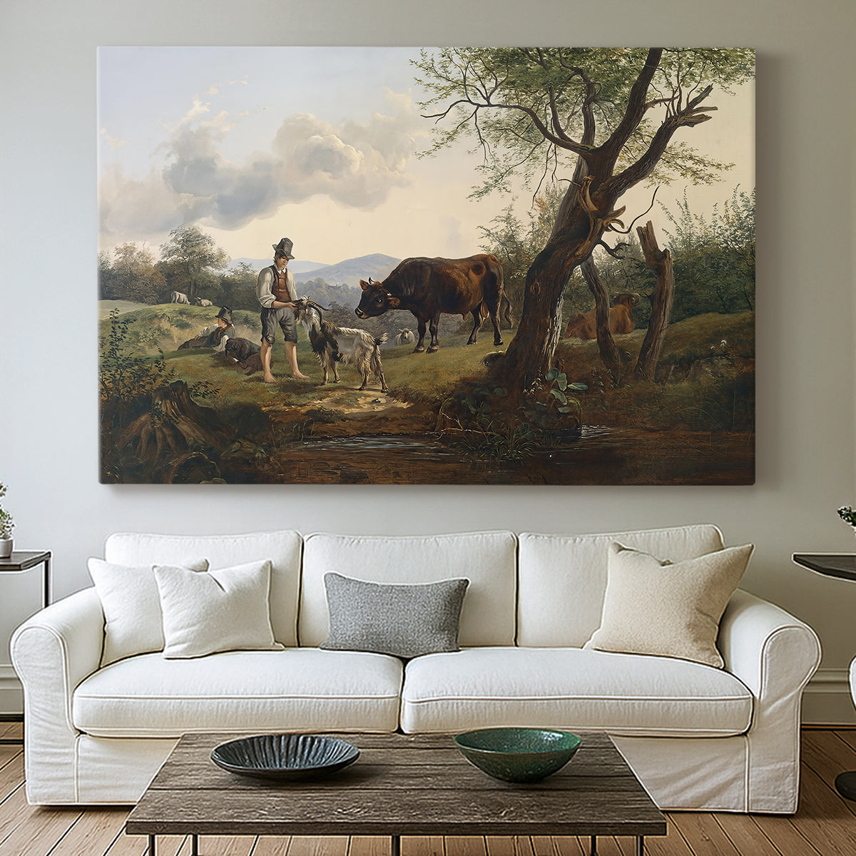 Canvas art print detailing a realistic depiction in natural setting, centered above a sofa as a large focal wall piece