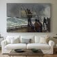 Canvas art print detailing a dramatic seaside moment with figures and distant ship, centered above a sofa as a large focal wall piece