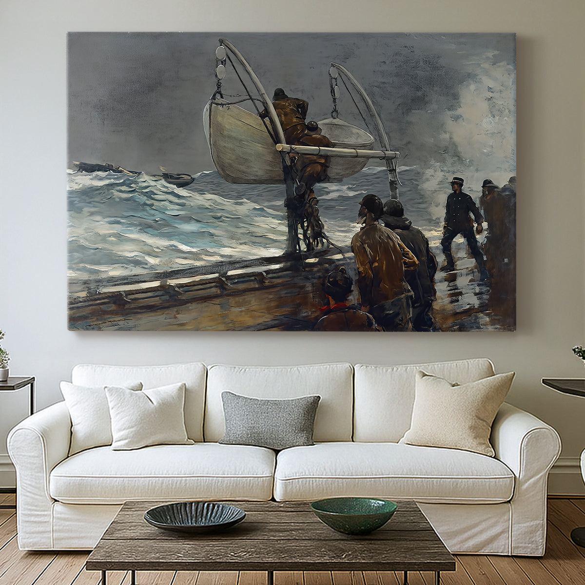 Canvas art print detailing a dramatic seaside moment with figures and distant ship, centered above a sofa as a large focal wall piece