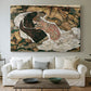 Canvas art print detailing an intense composition exploring life and death through figures, centered above a sofa as a large focal wall piece