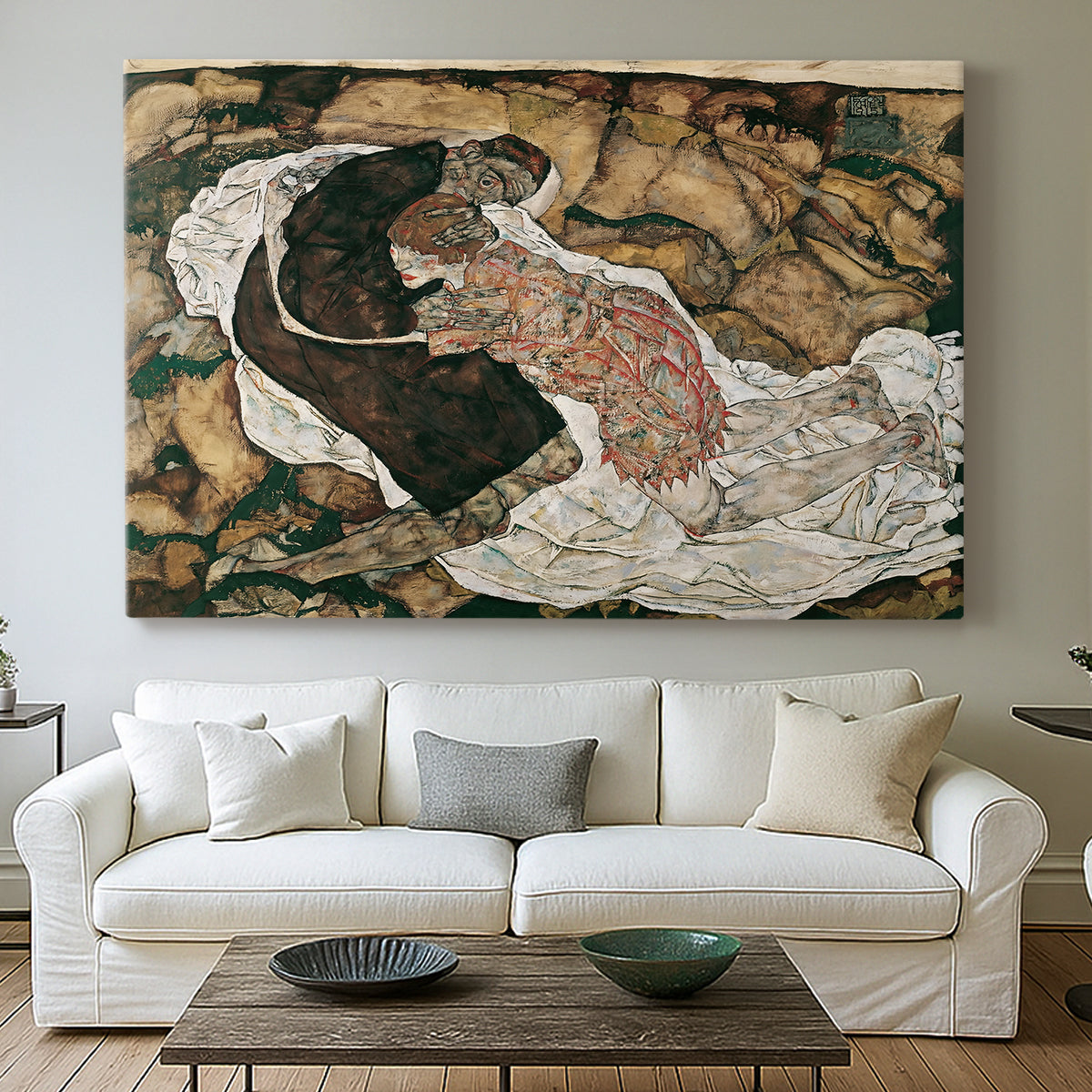 Canvas art print detailing an intense composition exploring life and death through figures, centered above a sofa as a large focal wall piece