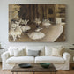 Canvas art print detailing dancers arranged on stage with visible set and depth, centered above a sofa as a large focal wall piece