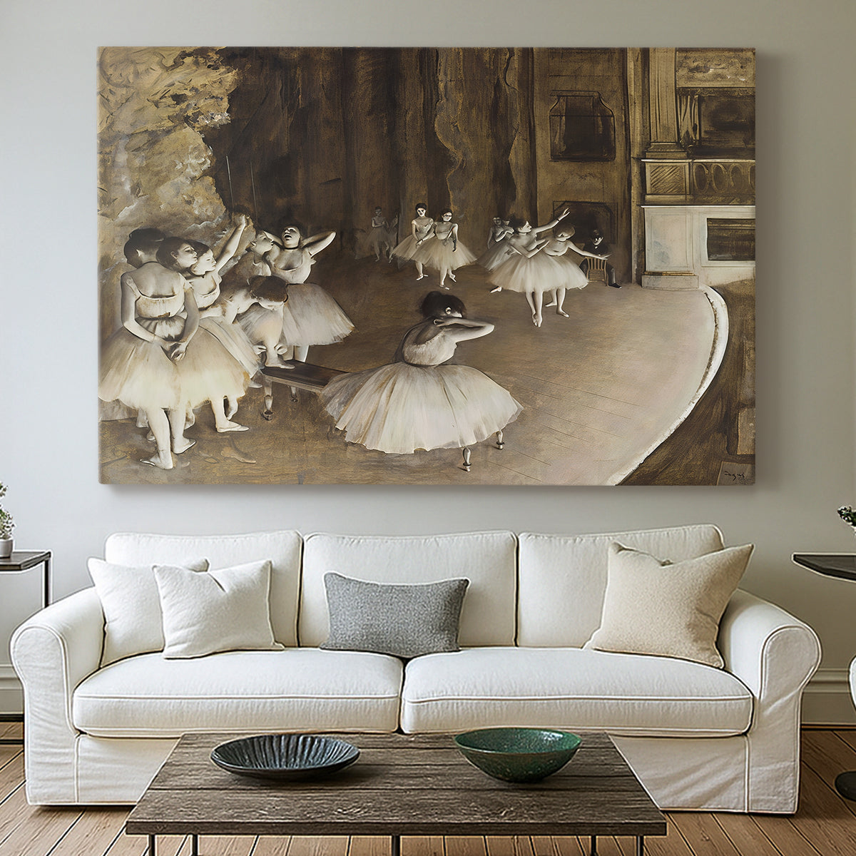 Canvas art print detailing dancers arranged on stage with visible set and depth, centered above a sofa as a large focal wall piece