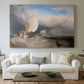 Canvas art print detailing a seaside view featuring boats, figures, and trade, centered above a sofa as a large focal wall piece