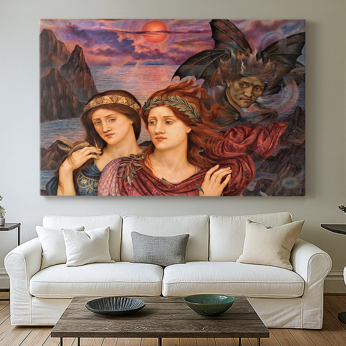 Canvas art print detailing an allegorical scene emphasizing emotion and color, centered above a sofa as a large focal wall piece