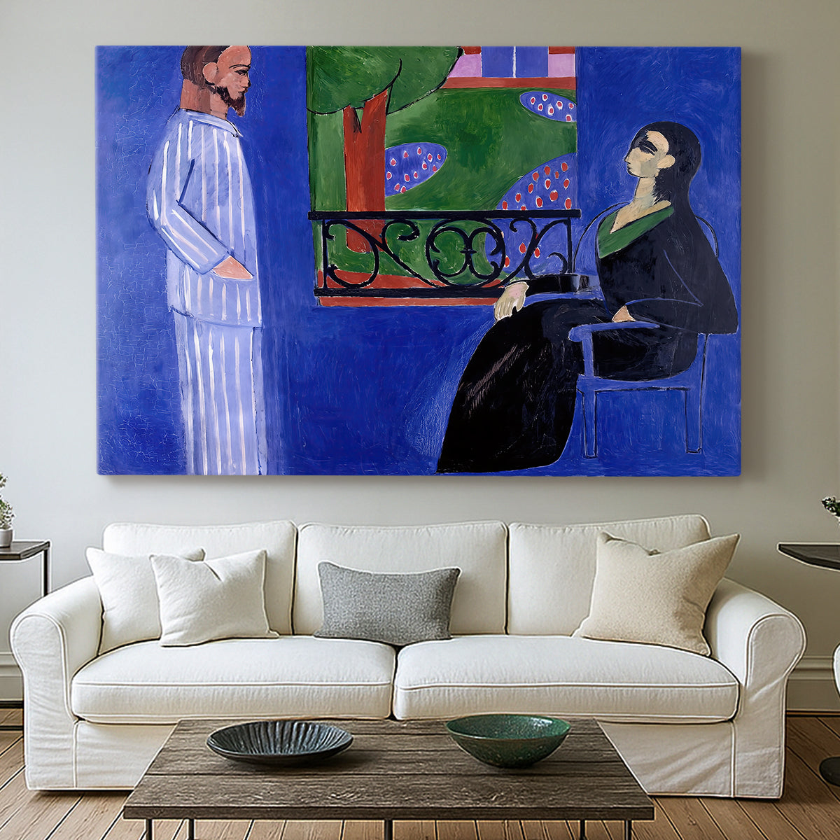 Canvas art print detailing a bold composition of two figures in a room, centered above a sofa as a large focal wall piece