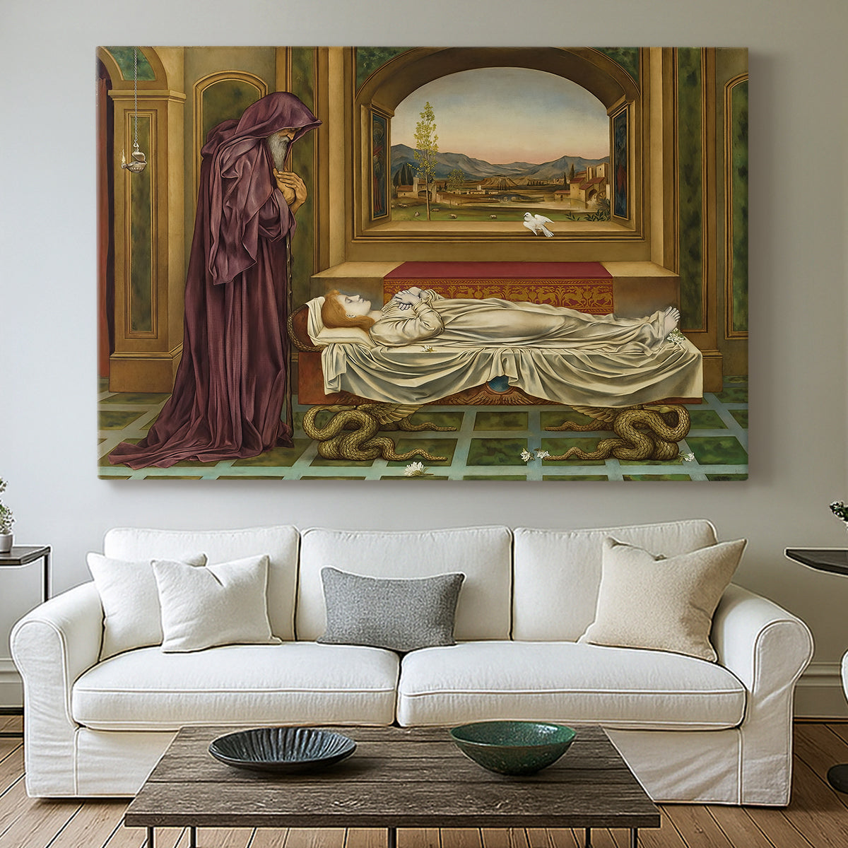 Canvas art print detailing a narrative composition with figure paused in reflective moment, centered above a sofa as a large focal wall piece