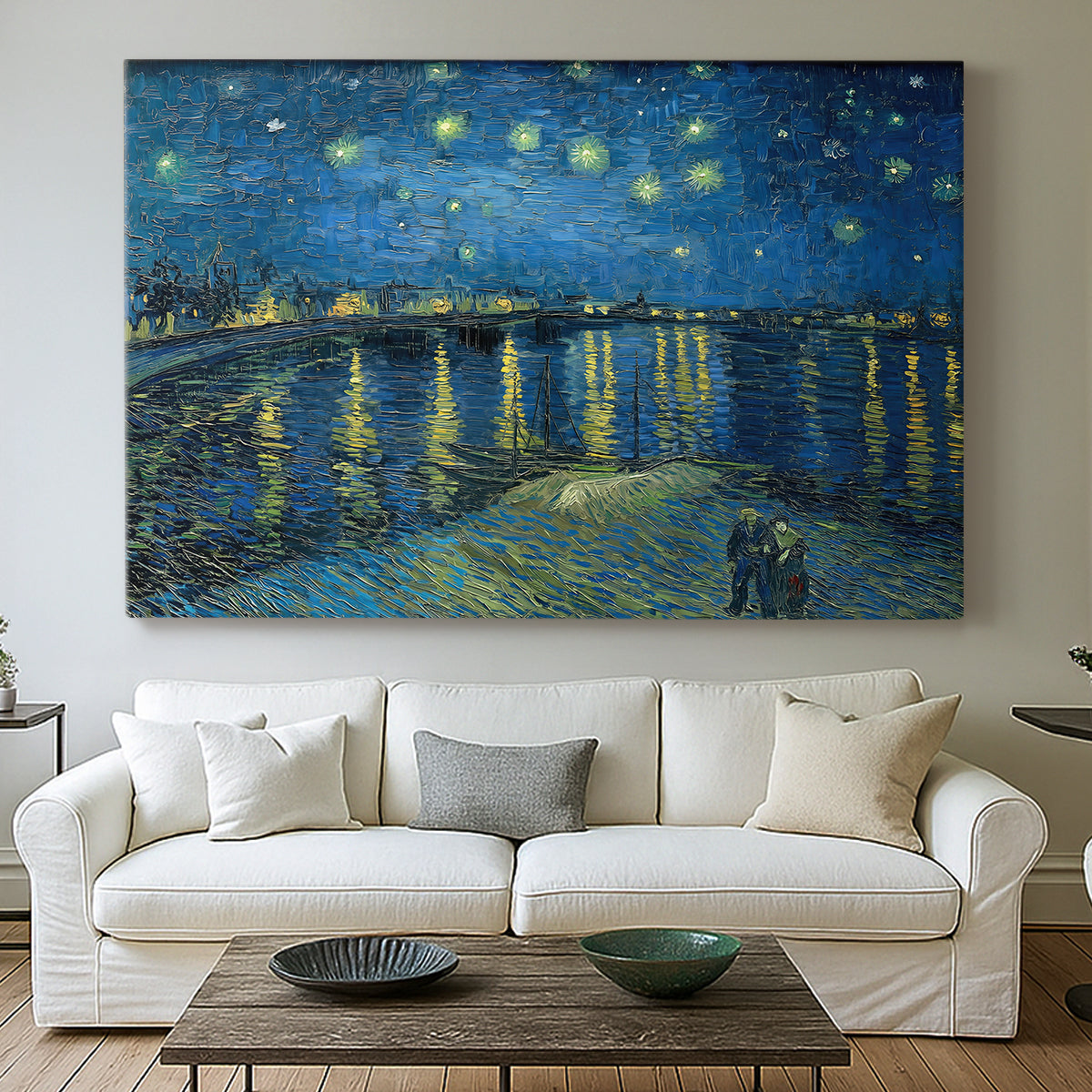 Canvas art print detailing a stylized night composition with river and celestial elements, centered above a sofa as a large focal wall piece