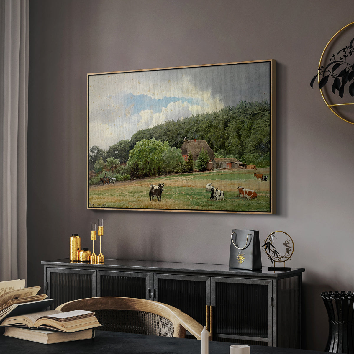 Farm with Grazing Cows (Bondegård med beitende kuer), 1892 - Floater Framed Canvas Print
