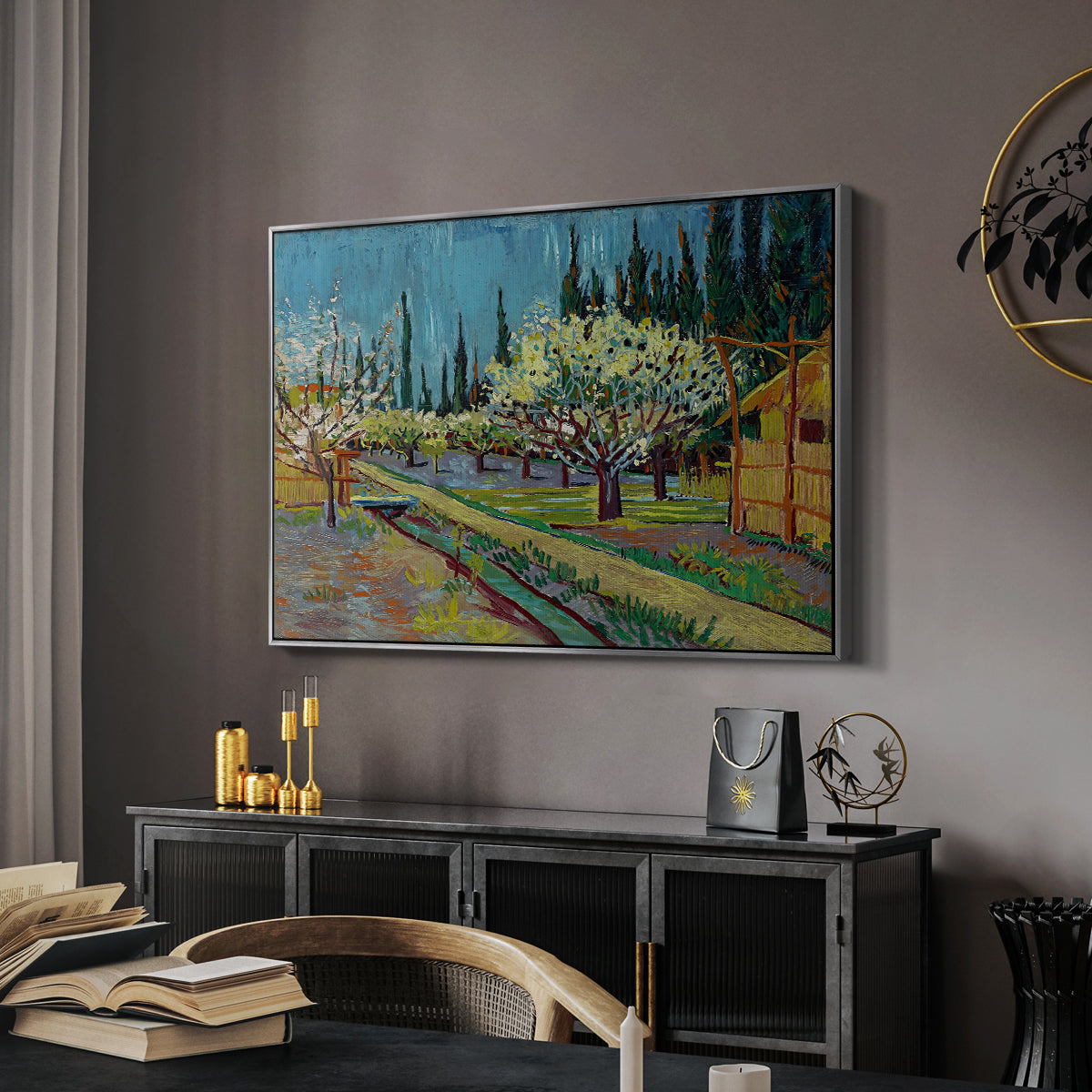 Orchard in Blossom, Bordered by Cypresses, 1888 - Floater Framed Canvas Print