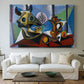 Canvas art print detailing a stylized still life emphasizing structure, centered above a sofa as a large focal wall piece