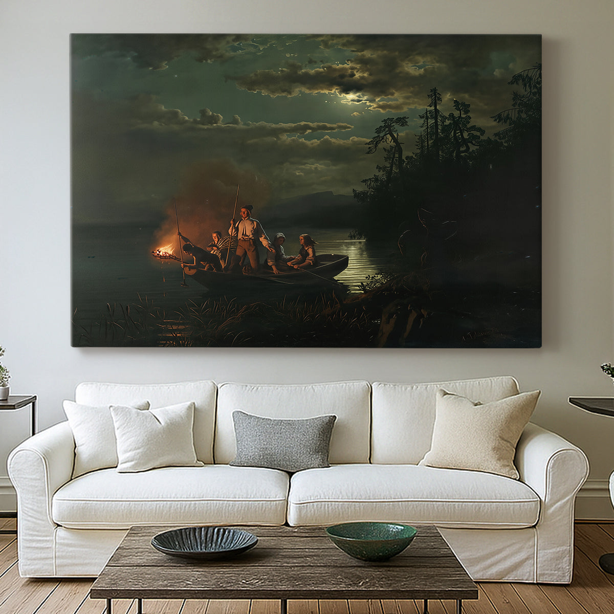 Canvas art print detailing an atmospheric scene of fishing under low light on still water, centered above a sofa as a large focal wall piece