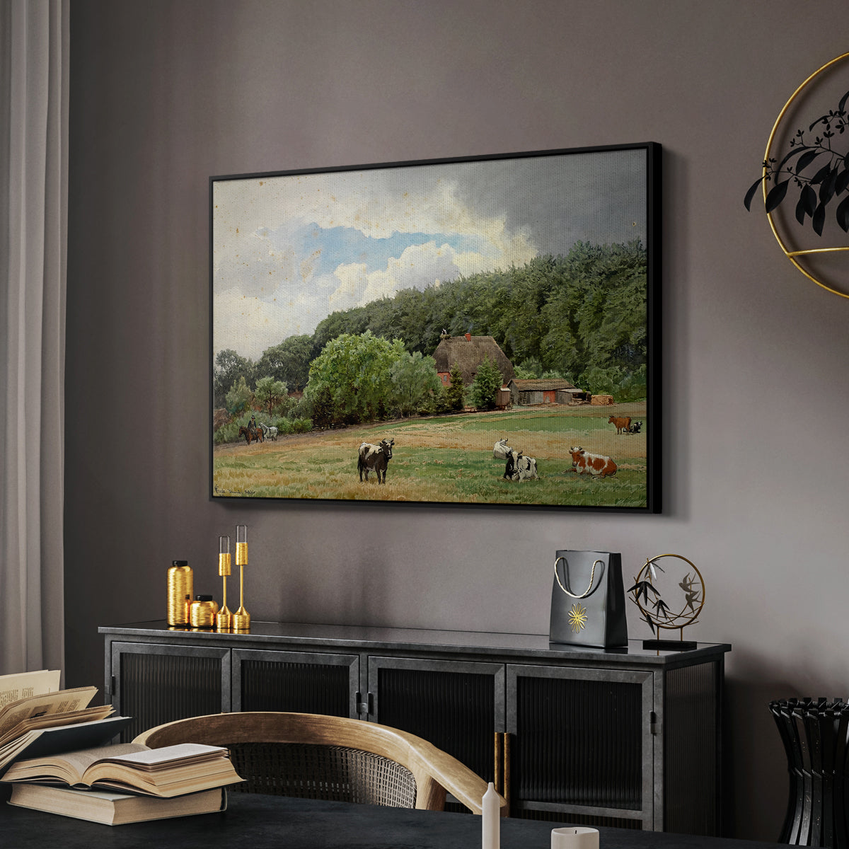 Farm with Grazing Cows (Bondegård med beitende kuer), 1892 - Floater Framed Canvas Print