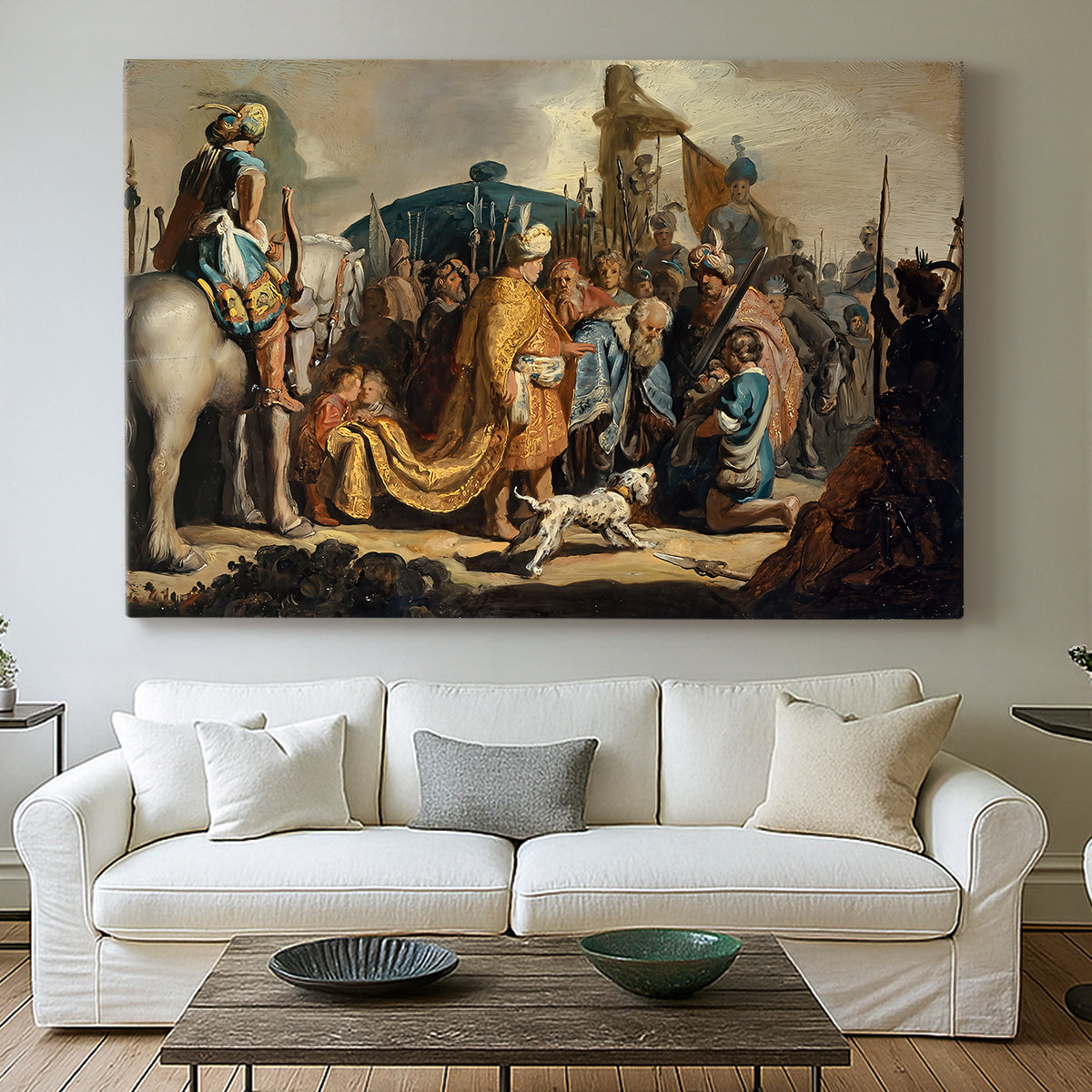 Canvas art print detailing an expressive scene with strong emotion, centered above a sofa as a large focal wall piece