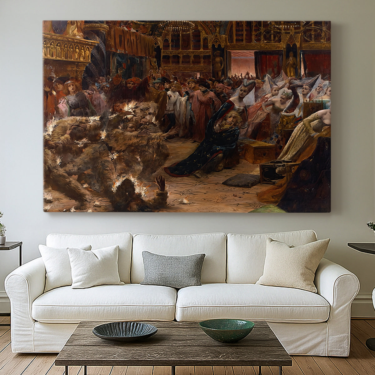 Canvas art print detailing a dynamic composition of crowd surrounding intense focal point, centered above a sofa as a large focal wall piece