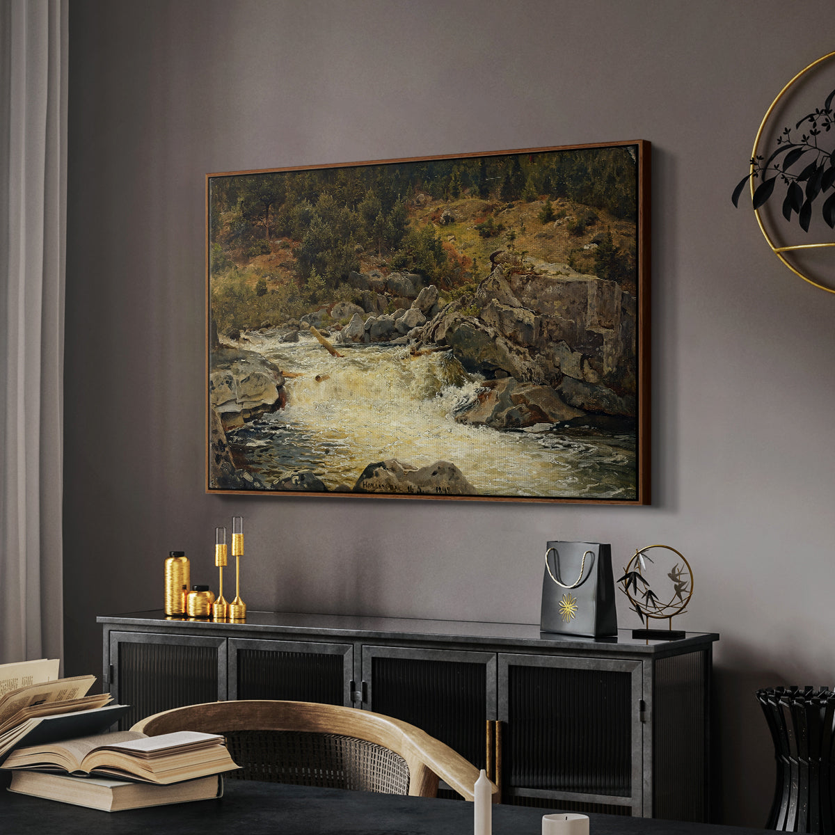 Waterfall in Hallingdal, 1848 - Floater Framed Canvas Print