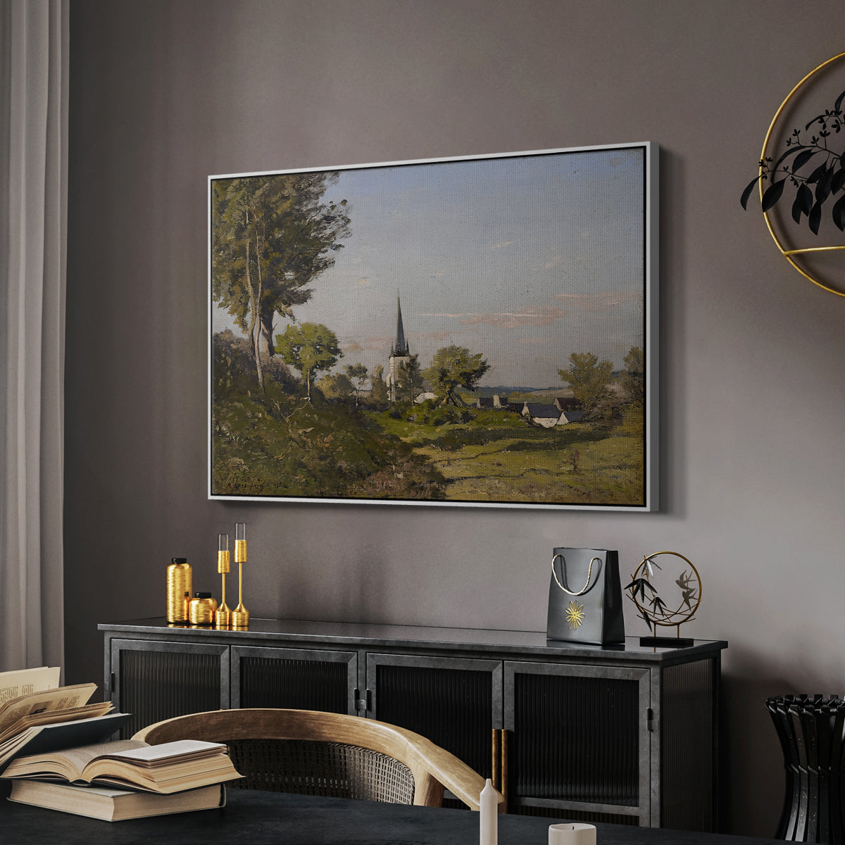 Village Landscape with Church, 1891 - Floater Framed Canvas Print