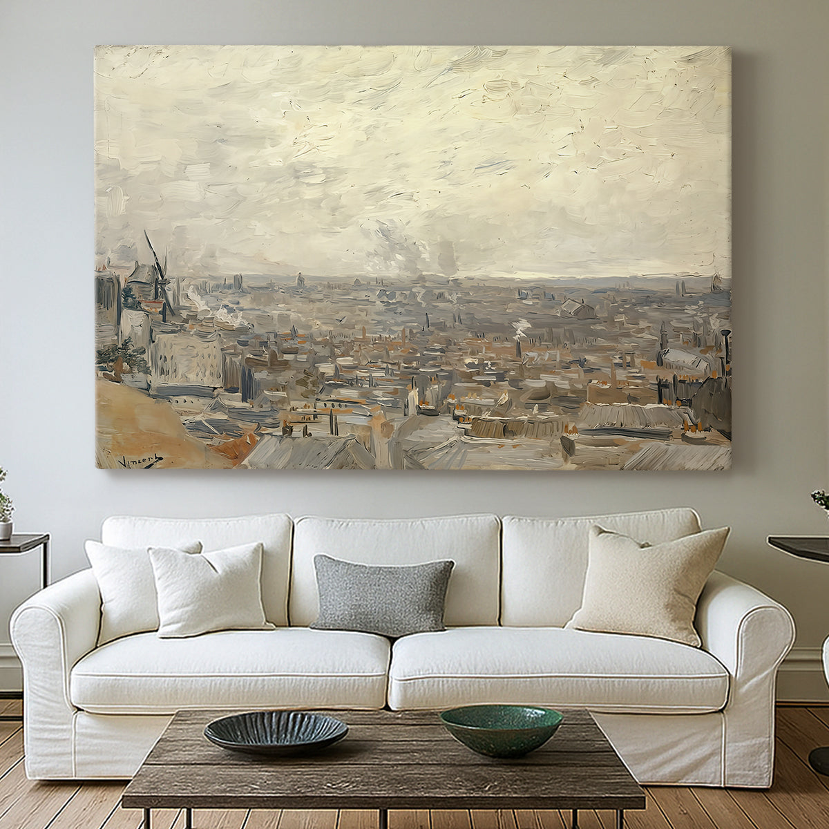 Canvas art print detailing an urban landscape emphasizing depth and arrangement of rooftops, centered above a sofa as a large focal wall piece