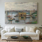 Canvas art print detailing a subdued urban landscape with structure spanning river, centered above a sofa as a large focal wall piece