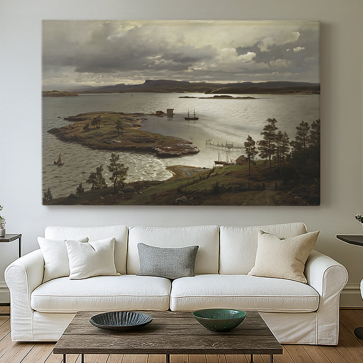Canvas art print detailing a serene Nordic landscape with fjord and natural light, centered above a sofa as a large focal wall piece
