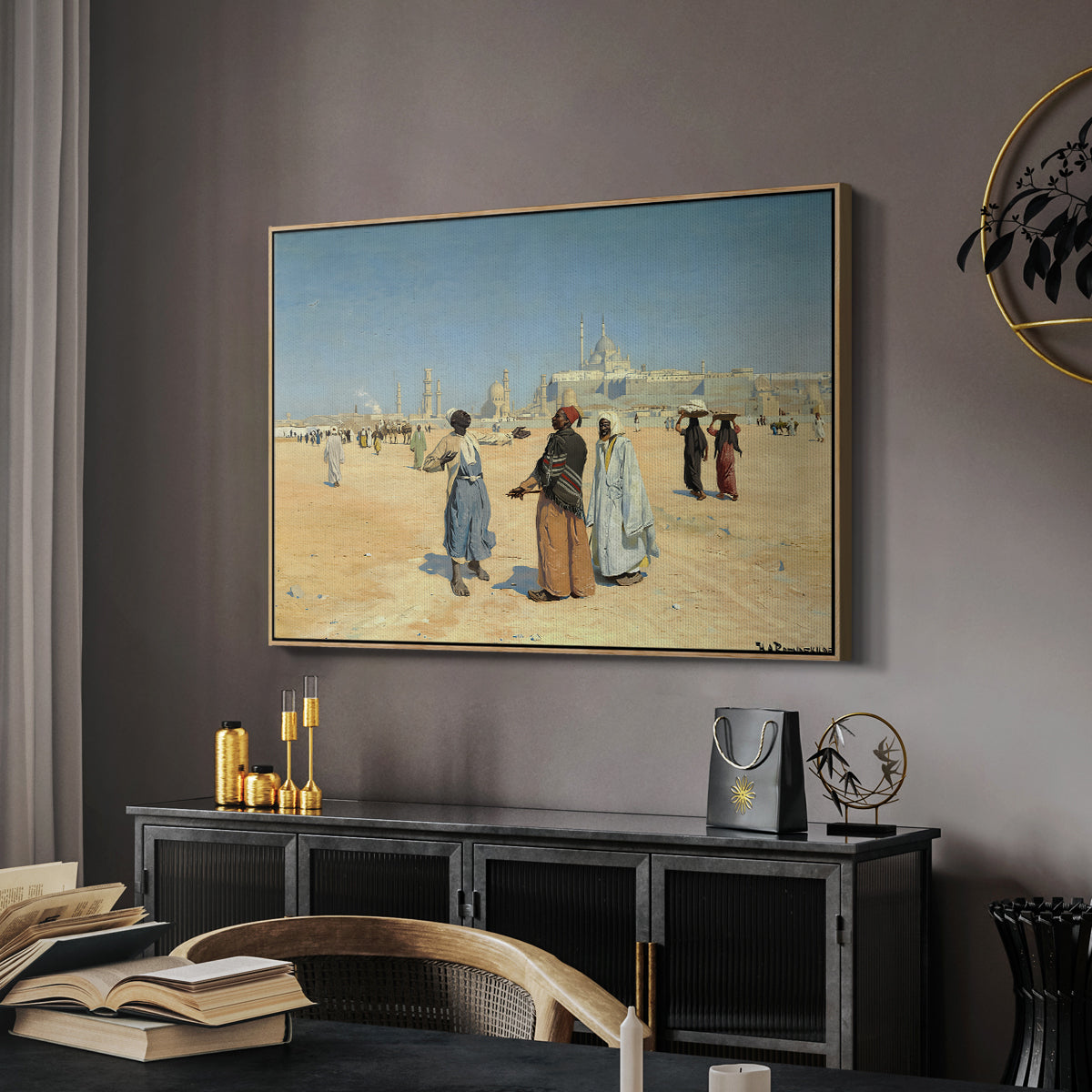 View from the Desert of Cairo with Citadel and Mamluk Tombs in the Background, c. 1889-1890 - Floater Framed Canvas Print