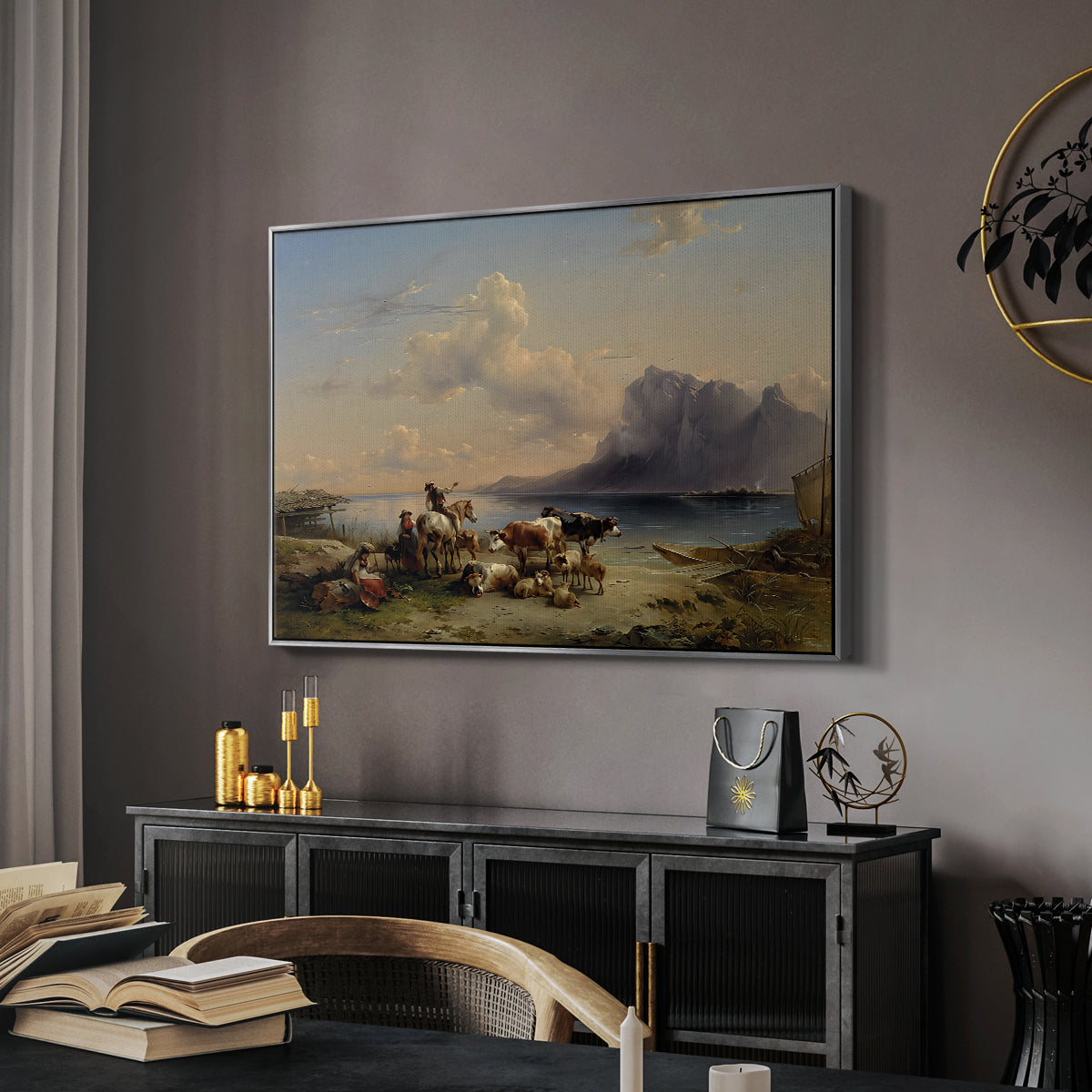 Shepherds and Cattle on Lake Attersee, 1852 - Floater Framed Canvas Print